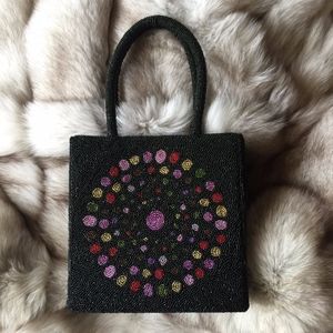 Black and Multi Colored Hand Beaded Tote Bag